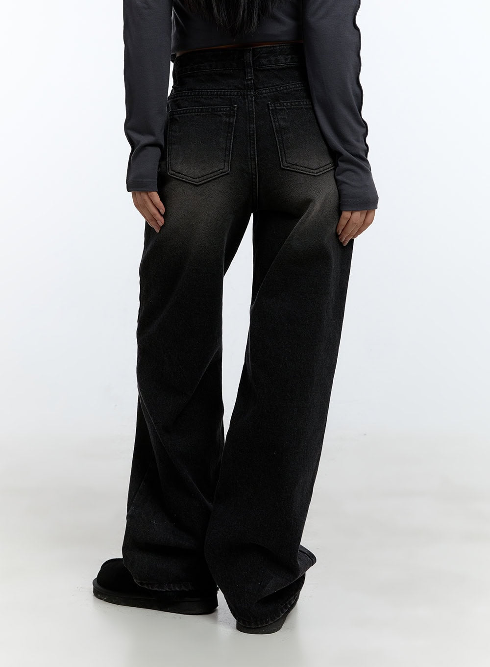 Emilia Cotton Wide Leg Jeans CD420 in black, back waist-to-hem crop on model, showing stitched back pockets and washed wide-leg denim, paired with dark grey long-sleeve top.
