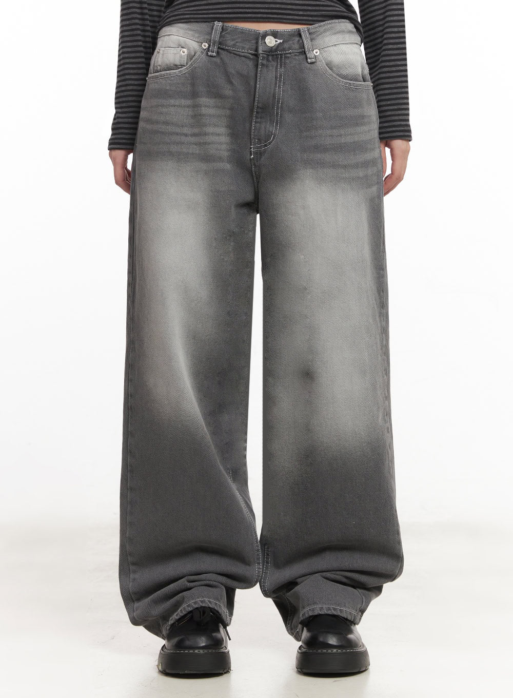 Becca Washed Straight-Leg Jeans IM524 in grey, waist-to-hem close-up on model, front 5-pocket detail, low-rise waistband with belt loops, wide leg pooling at floor.