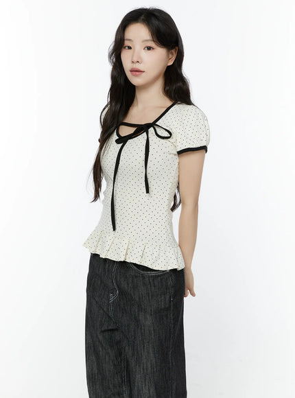 polka-dot-puff-sleeve-ribbon-top-iy507