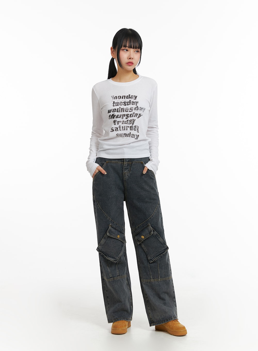 Mid Waist Cargo Jeans CJ411 in dark blue, front full-length view on model, petite wide-leg washed denim with dual cargo pockets and contrast topstitching, paired with white graphic tee.