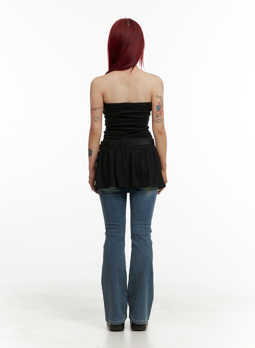 Washed Slim Bootcut Jeans CY429 in blue, back full-body styling shot on model, bootcut hem length visible, paired with black bandeau belted peplum top.