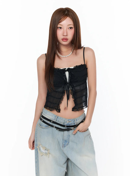 lace-ribbon-sleeveless-top-ca515 / Black