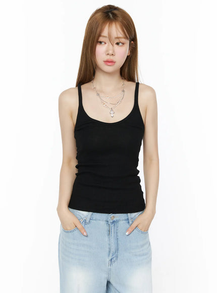 ribbed-u-neck-simple-top-iu515 / Black