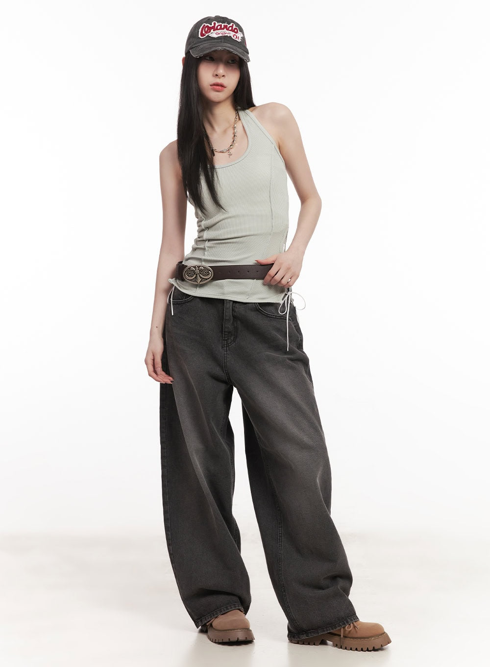 Dianna Baggy Jeans CM518 in dark gray, full-length front on model styled with ornate belt, lace-up tank and cap, street acubi look with voluminous baggy silhouette.