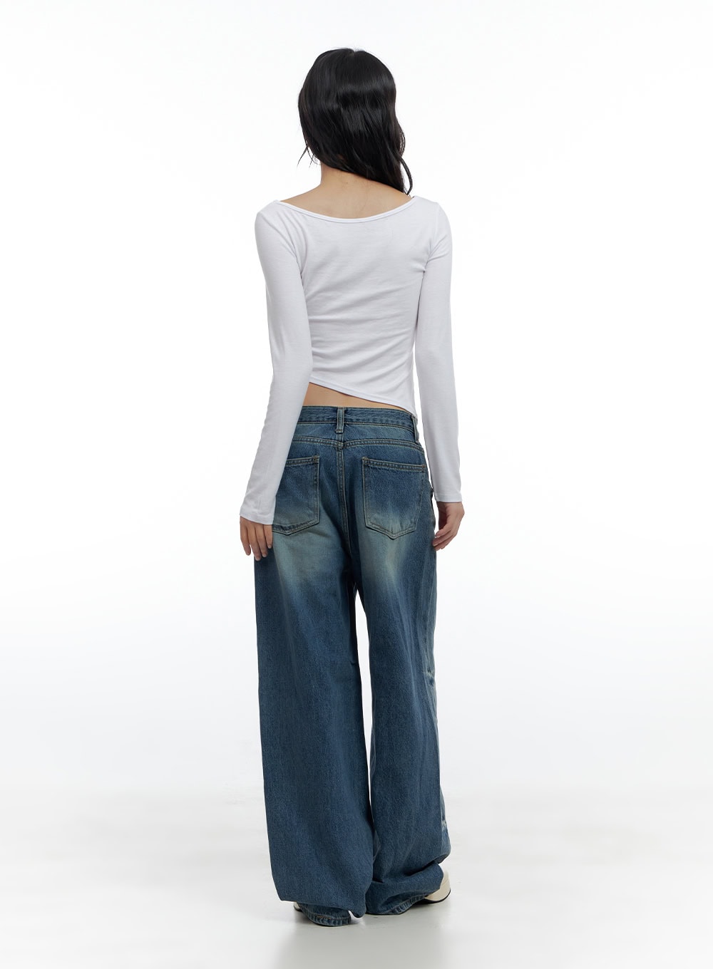Aria Comfy Cotton Wide Leg Jeans CS420 in blue, full-length back view on model, dual back pockets with washed fade detail, extra-wide leg hem pooling at floor, white asymmetric crop top.