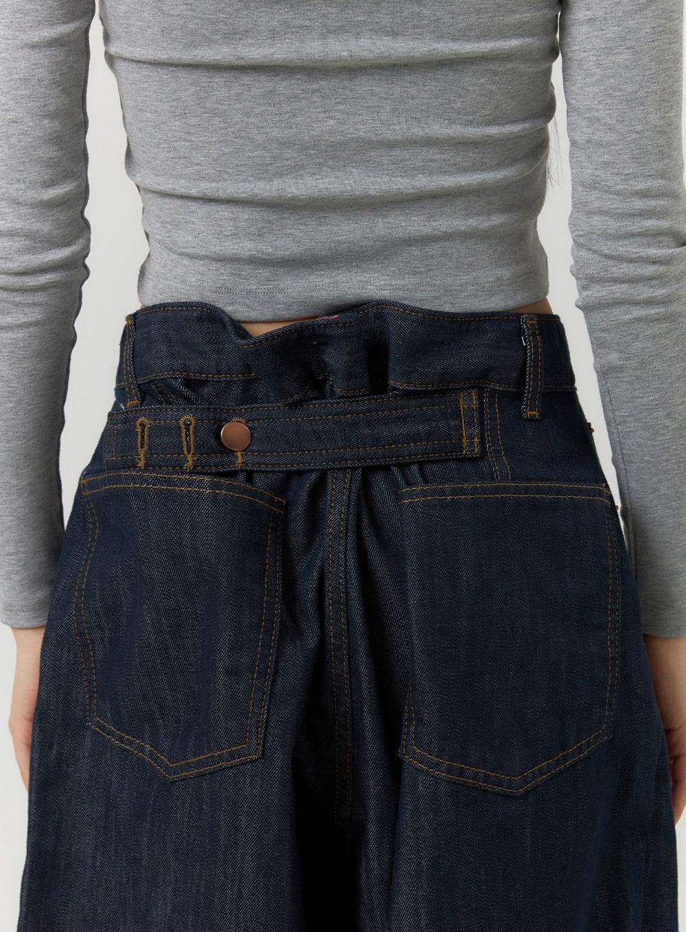 Back Button Wide Leg Jeans CF407 in blue, back waist close-up on model, featuring signature back button closure, contrast topstitching, and two back patch pockets in dark denim.