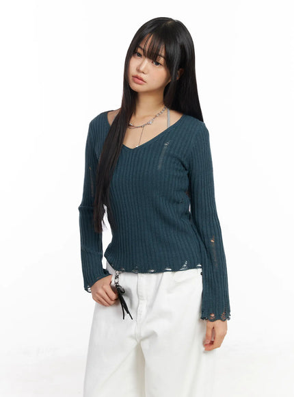 distressed-v-neck-knit-sweater-cf504