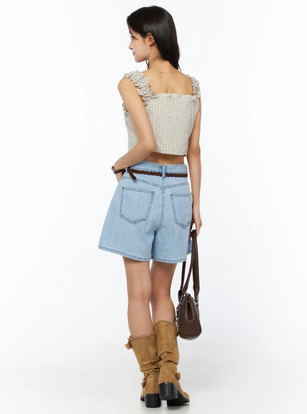Casual Relaxed-Fit Jorts CU522 in light blue, full-body back shot on model, wide back pockets with contrast stitching, worn with braided belt and plaid crop top.