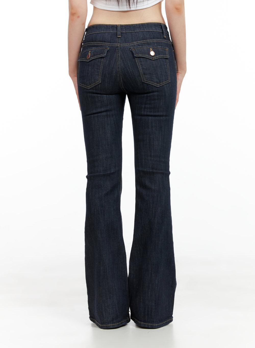 Lila Slim Fit Bootcut Jeans CG409 in dark blue, back mid-shot on model, showcasing dual flap pockets with copper rivets, slim fit through hip and bootcut flare leg opening.