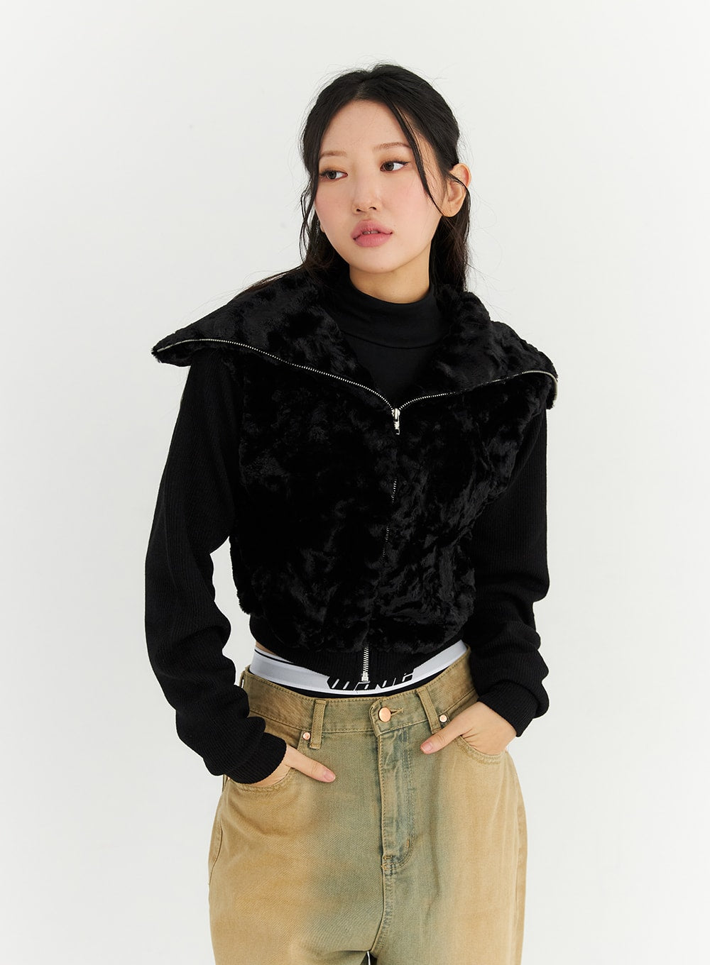 Half zip store faux fur hoodie