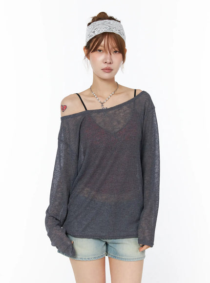 sheer-off-shoulder-long-sleeve-top-cy528 / Dark gray