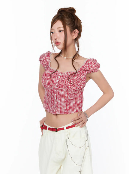 frill-trimmed-gingham-short-sleeve-blouse-ca514