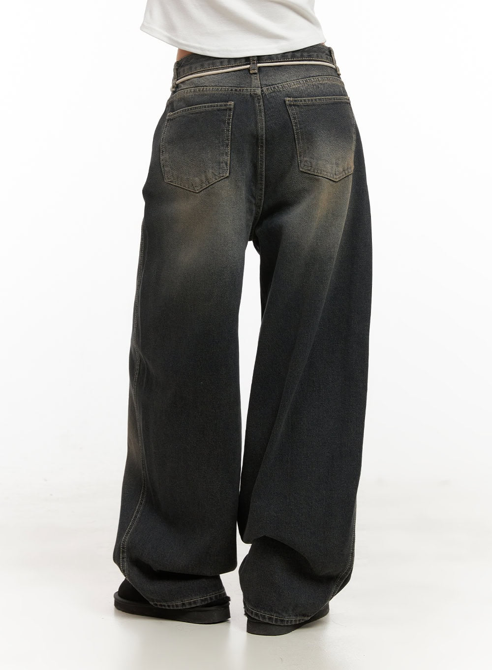 Matilda Washed Denim String Baggy Jeans CD410 in black, back product shot from waist down, dual back patch pockets, cream string at waistband, washed fade detailing across wide-fit denim legs.