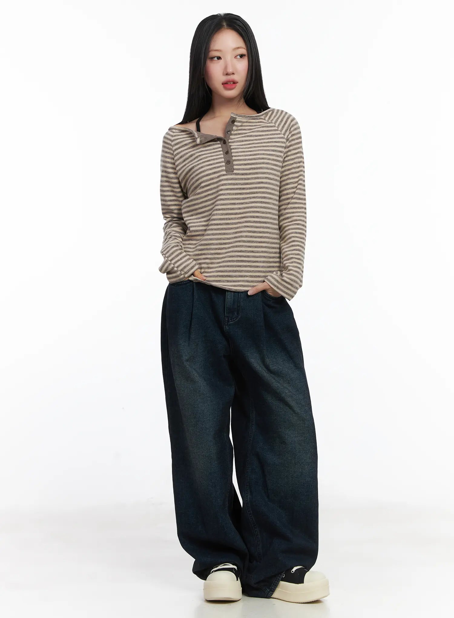 Lettie Fleece Pintuck Wide Leg Jeans CD529 in dark blue, full-body front view on model standing straight, washed pintuck wide-leg jeans with relaxed fit, paired with striped henley top.