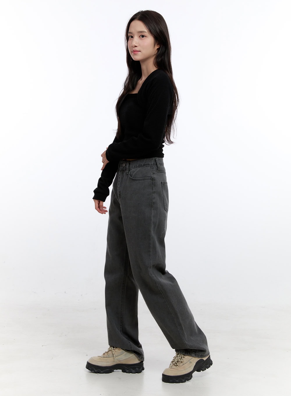 Chloe Wide-Leg Comfy Jeans ON418 in gray, full-length side view on model, washed cotton wide-leg with relaxed straight fit, styled with black square-neck crop top and chunky sneakers.