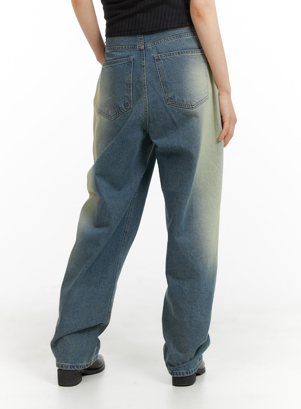 Distressed Baggy Straight Jeans CM413 in blue, full back view on model, wide baggy straight leg silhouette with dual back pockets and yellow-green washed fade from hip to hem.