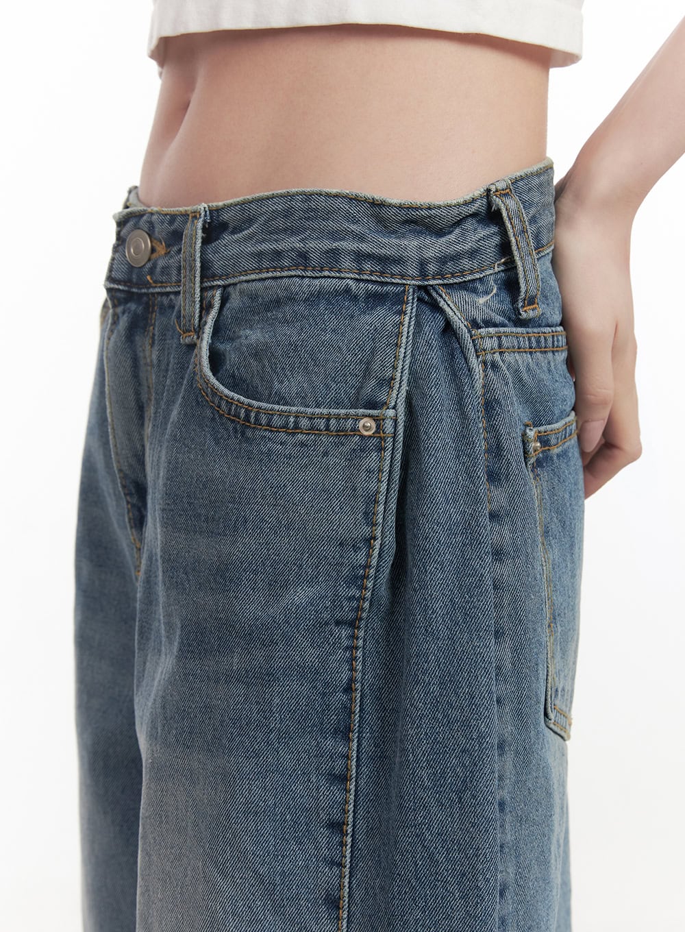 Andrea Wide-Leg Jeans CF514 in blue, close-up detail shot of waistband and front pintuck, washed denim texture, silver button closure and rivet detail visible.