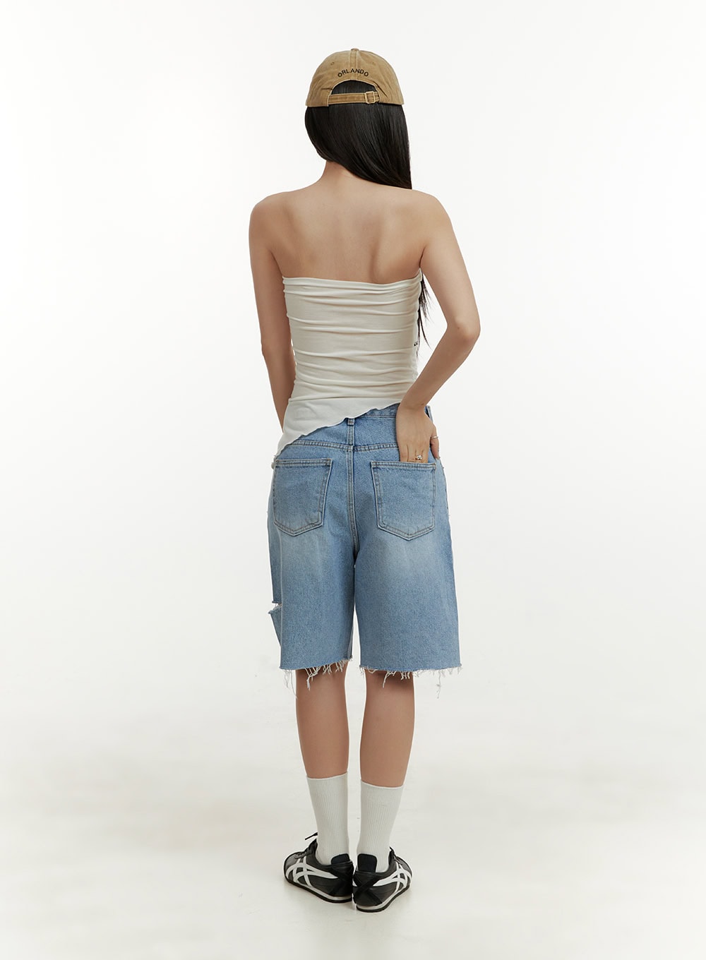 Straight Leg Jorts CY408 in blue, full back shot on model, wide-fit washed denim jorts with frayed hem and back pockets, paired with white tube top, cap, socks, and sneakers.