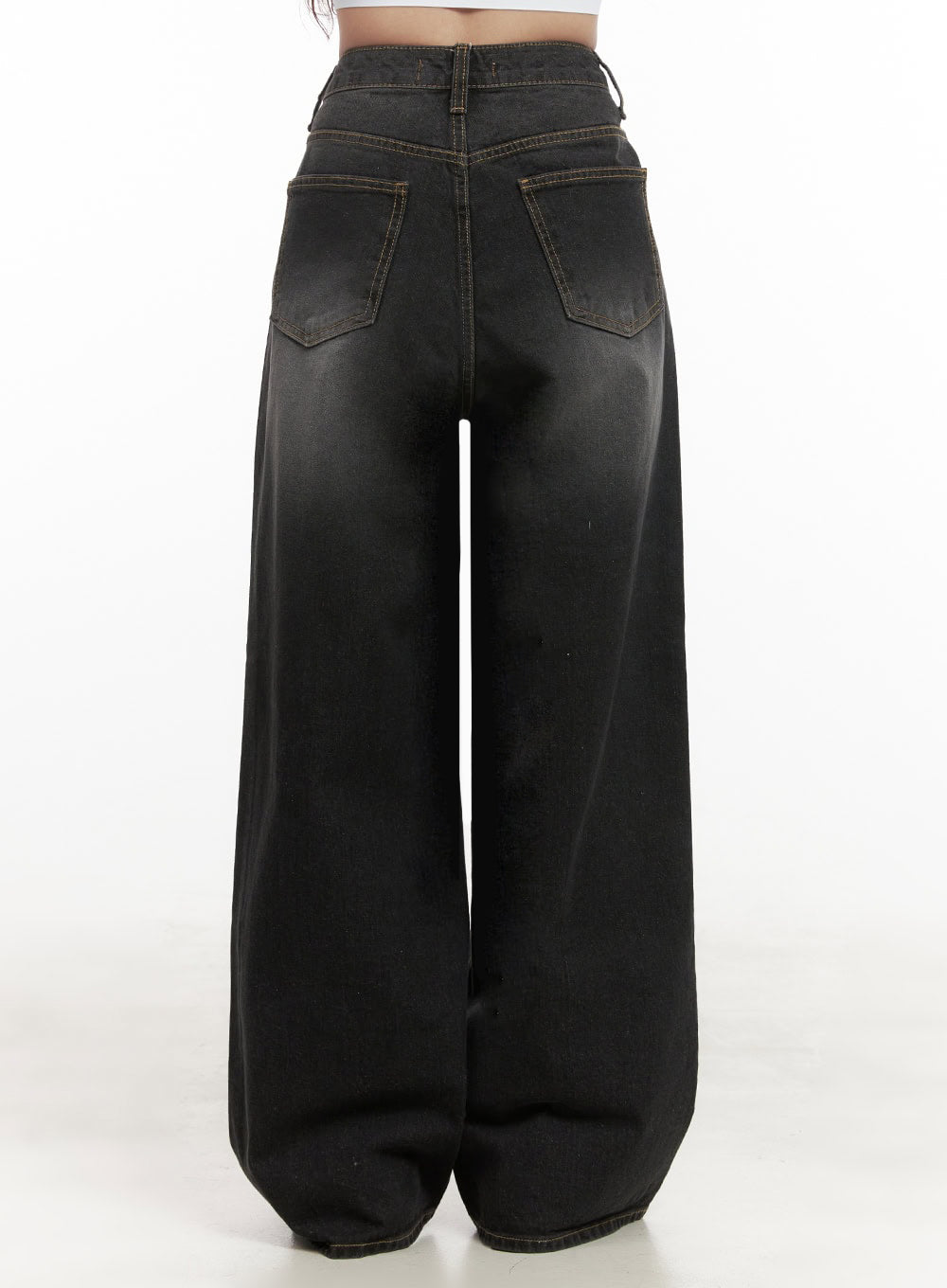 Christina Washed Baggy Jeans IJ510 in black, back view product shot on model, dual back patch pockets with contrast stitching, washed denim fade, and floor-length wide leg.