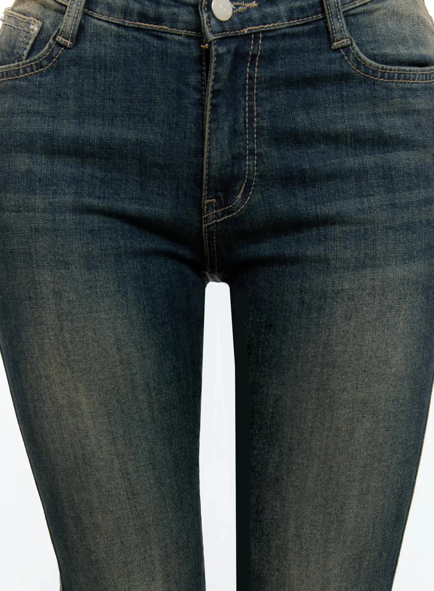 Karla Vintage Logo Hip Pad Flare Jeans IO520 in washed dark blue, close-up of front waist, showing button fly, front pockets, and golden-toned vintage wash denim texture.