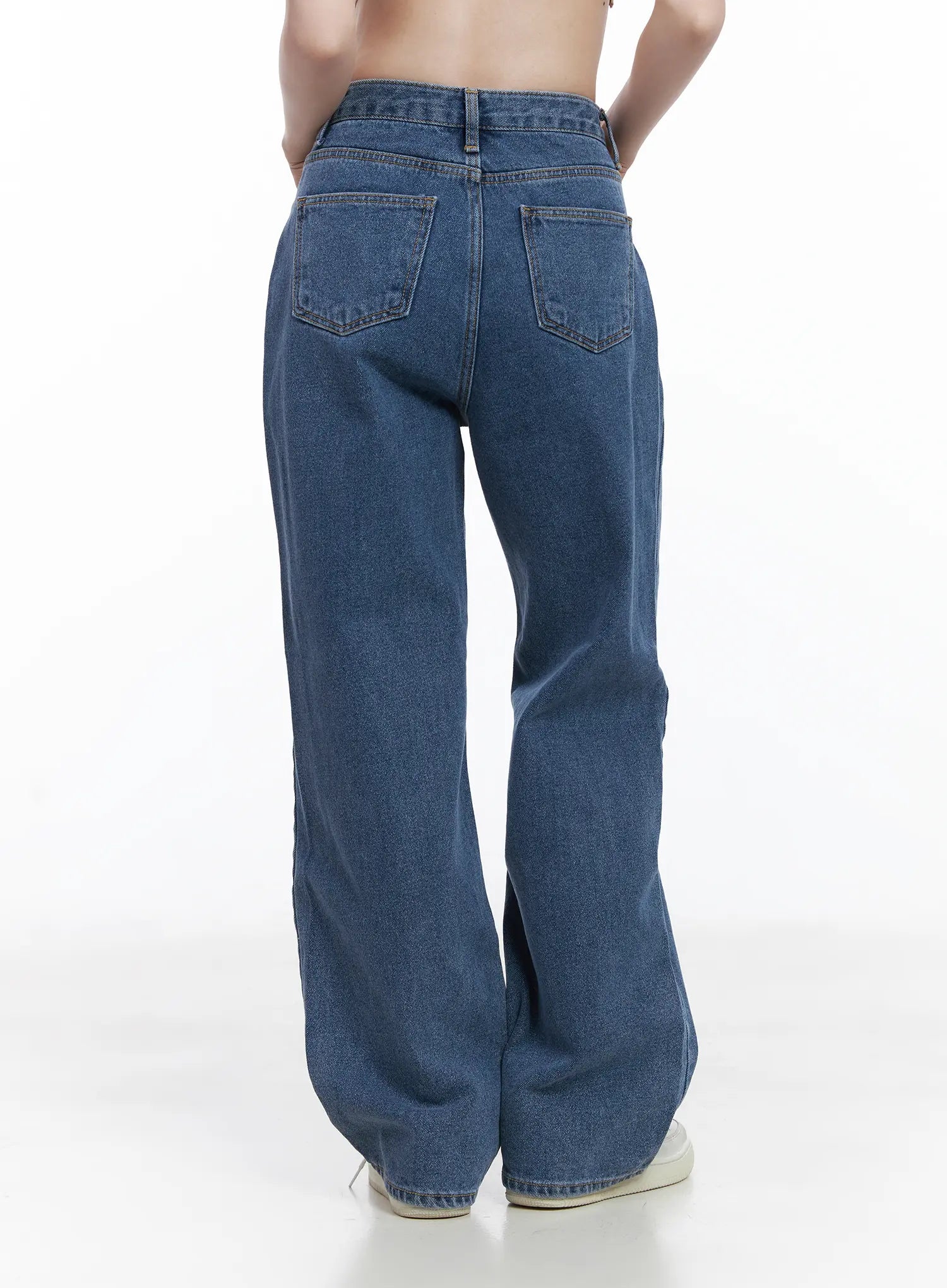 Ashlyn High-Waist Fleece-Lined Wide-Leg Jeans CJ507 in blue, back crop view on model, showcasing dual back pockets, contrast topstitching, and wide-leg hem pooling at ankle.
