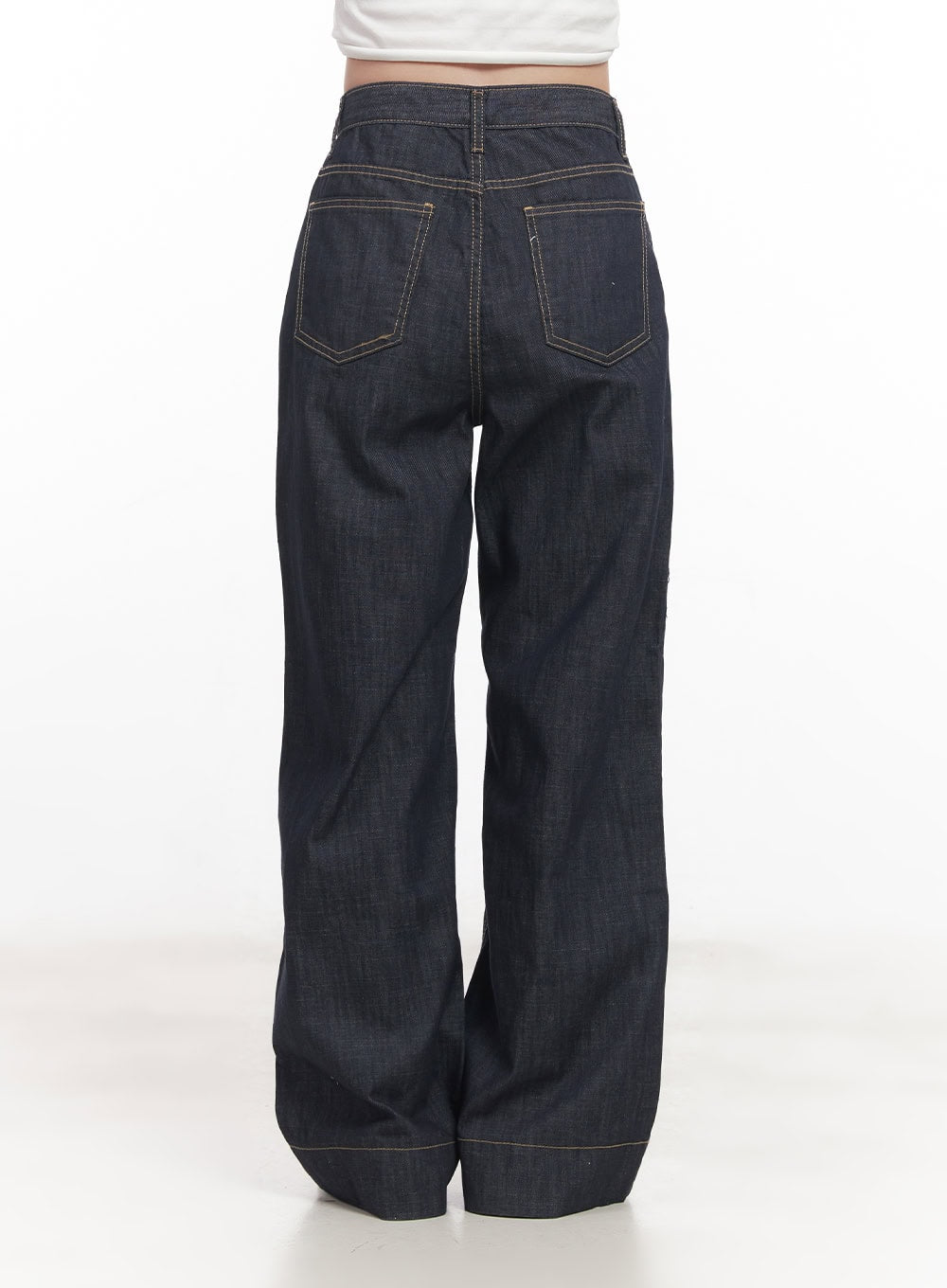 Seline Non-Fade Wide-Leg Jeans CA510 in dark blue, back product shot from waist down, double back pockets with gold contrast stitching, relaxed wide-leg cotton denim silhouette.