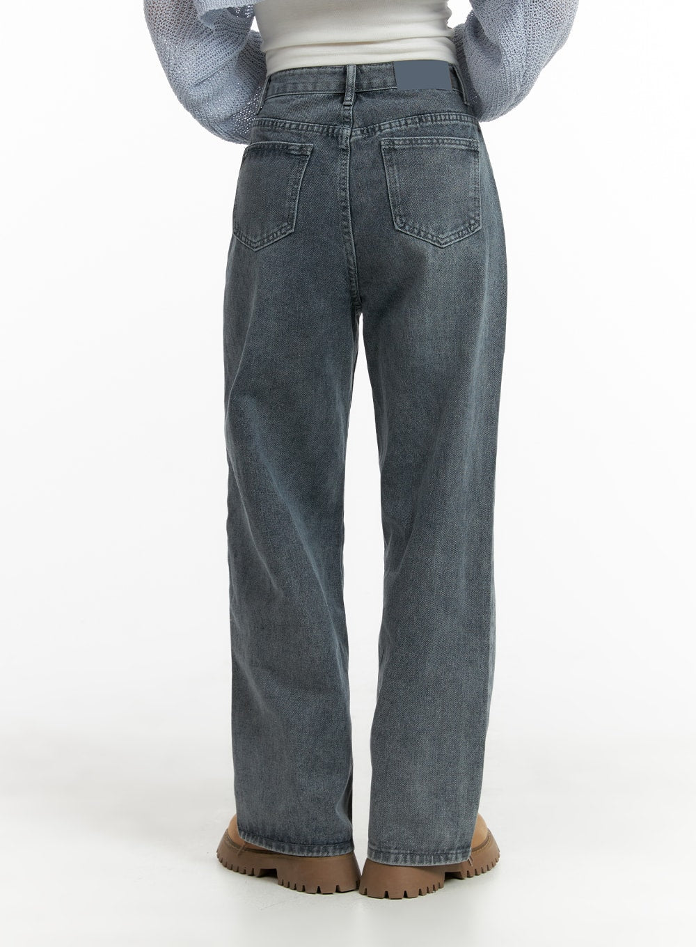 Blue Washed Straight Jeans OM408 in gray, back close-up on model, highlighting dual back pockets and washed denim finish with straight leg silhouette.