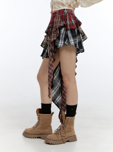 asymmetrical-ruffle-checkered-mini-skirt-cg412