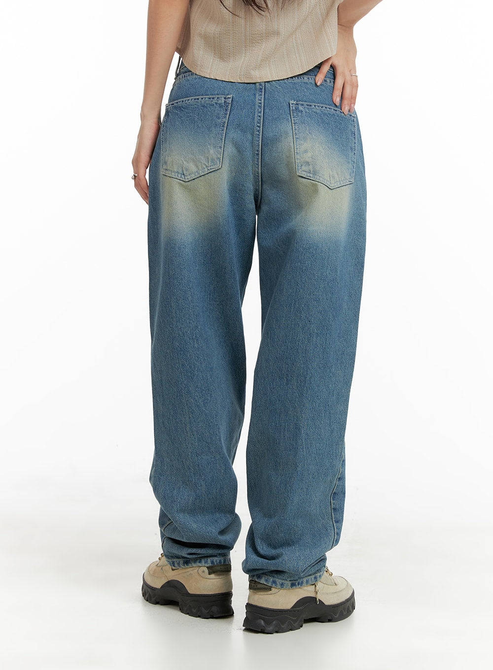 Recycled Washed Jeans (Unisex) CM425 in blue, back view on female model, showing two back patch pockets with yellow wash fading, straight fit full length.