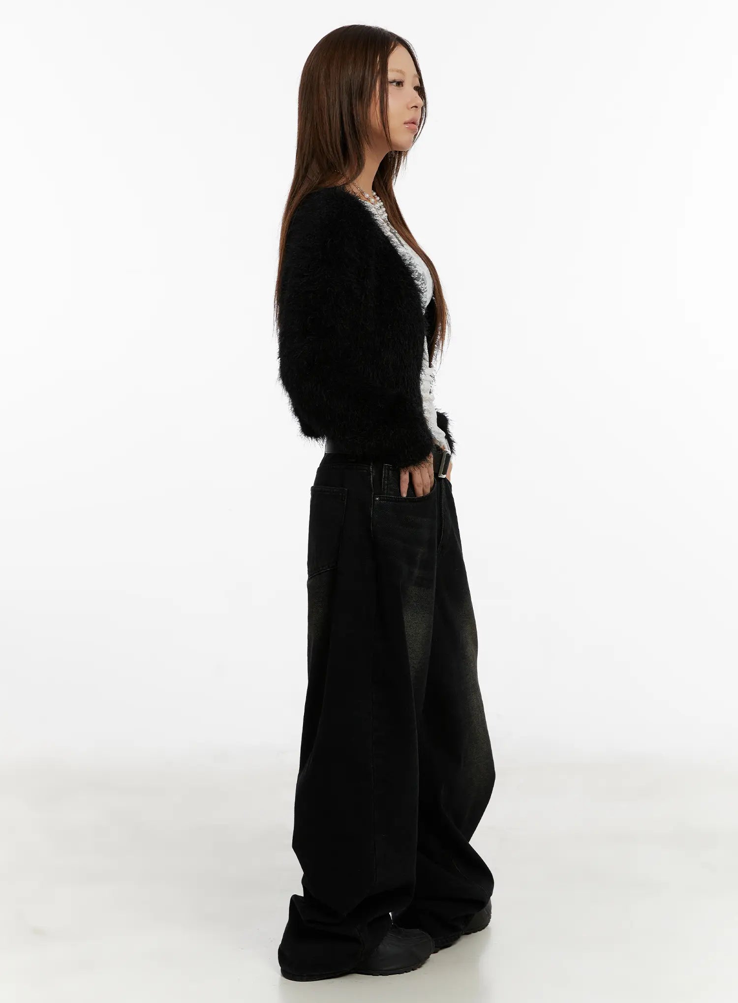 Myla Dark Wash Wide-Leg Jeans CD512 in dark black wash, full side view on model, long wide-leg length pooling at floor, styled with black fluffy cardigan and leather belt.