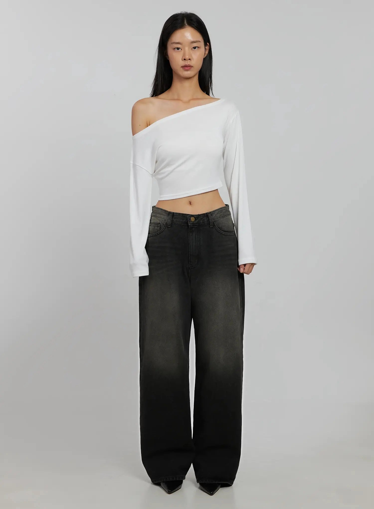 Blaire Dark Washed Wide Leg Jeans IJ509 in black, full-length front shot on model, dark washed wide leg cotton denim styled with white one-shoulder crop top, acubi casual look.