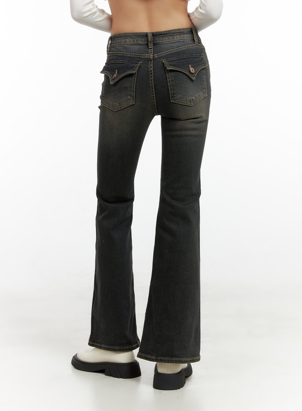 Paisley Slim-Fit Bootcut Washed Jeans CO424 in dark blue, full-length back view on model (headless), dual flap back pockets with rose-gold buttons, bootcut flare, washed denim texture.