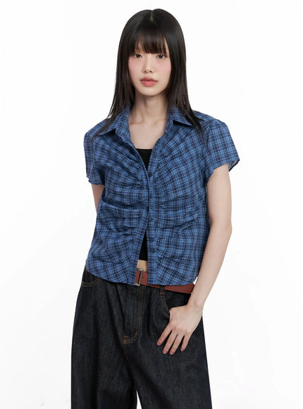 shirred-plaid-button-up-blouse-il531