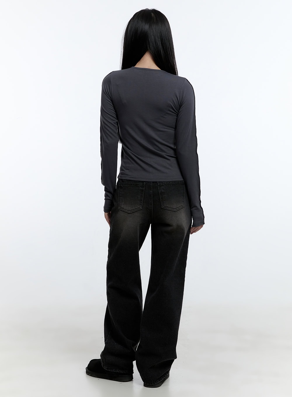 Emilia Cotton Wide Leg Jeans CD420 in black, full-length back view on model, washed cotton wide-leg denim with stitched back pockets, styled with fitted grey long-sleeve top.