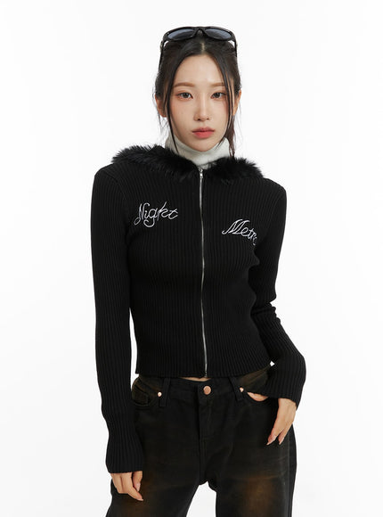 Zip-Up Lettering Hooded Crop Knit Top CD314