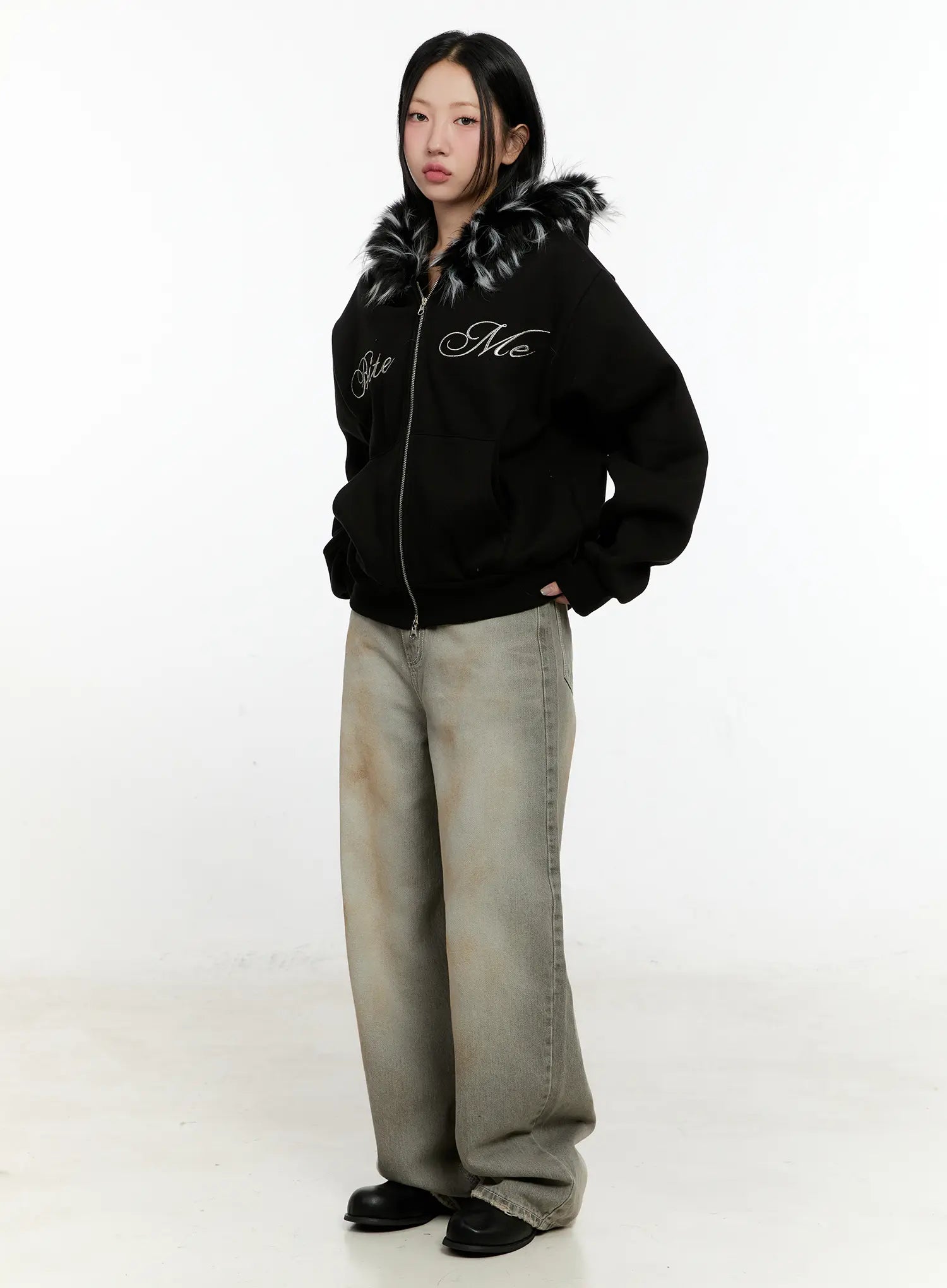 Faux Fur Zip-Up Hoodie CN506 - Acubi style | LEWKIN