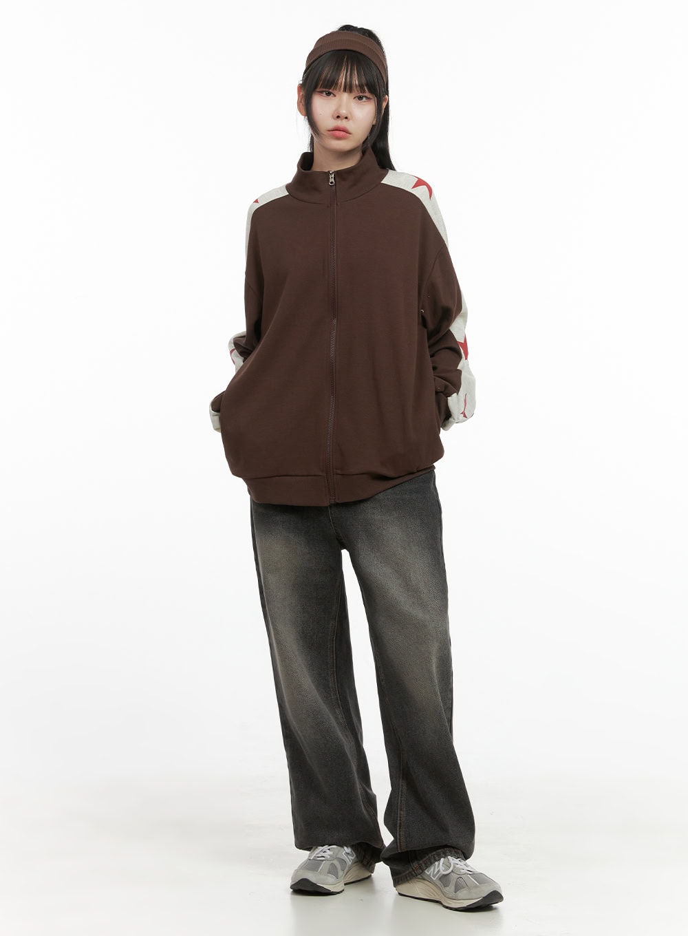 Mandy Washed Cotton Wide Leg Jeans OO401 in dark gray, full-length front view on model, wide-fit washed denim styled with oversized brown zip-up track jacket and headband, street look.