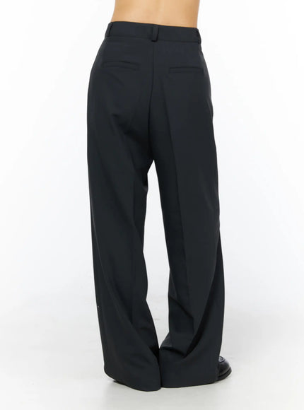 Basic Pintuck Wide Slacks CU522 in dark gray, back view on model, showing back welt pockets, smooth waistband, and wide-leg silhouette pooling at heel.