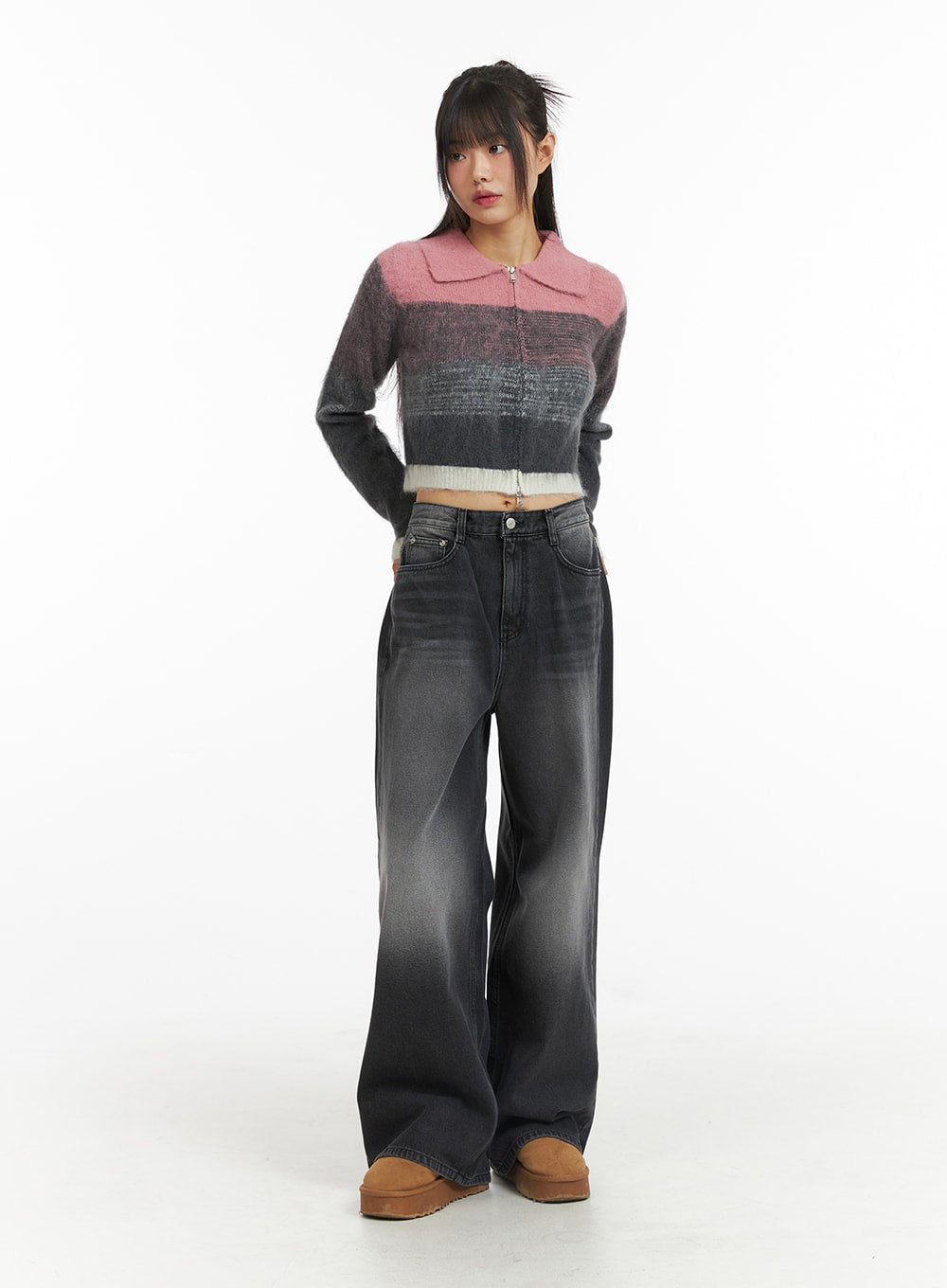 Denim Mid-Waist Pocket Wide Leg Jeans CJ415 in washed black, front full-body on model with hands in pockets, mid-waist five-pocket denim, oversized wide-leg fit, styled with crop knit top.