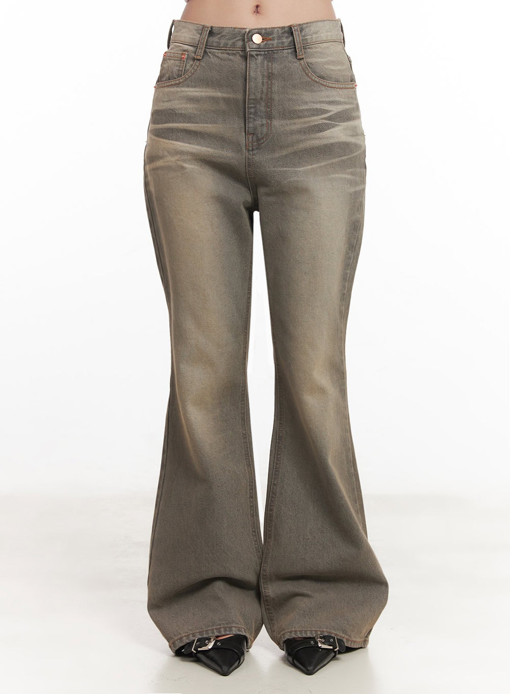 Sherry Washed Slim-Fit Bootcut Jeans IM528 in vintage brown, front product shot from waist to hem on model, high-rise slim fit with flared bootcut leg, washed gradient denim texture visible.