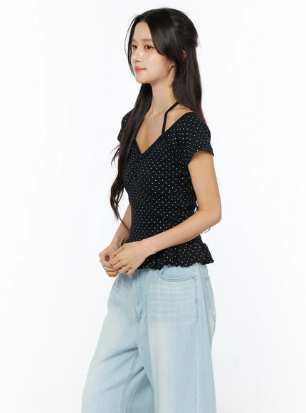 frill-hem-polka-dot-halter-short-sleeve-top-cu522
