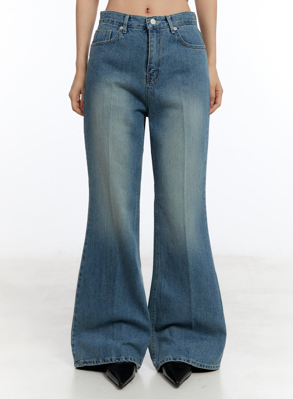 Aliya Washed Bootcut Jeans IU503 in dark blue, front product shot from waist to hem, wide-fit washed denim, bootcut flare clearly visible at hem, button fly and five-pocket detail.