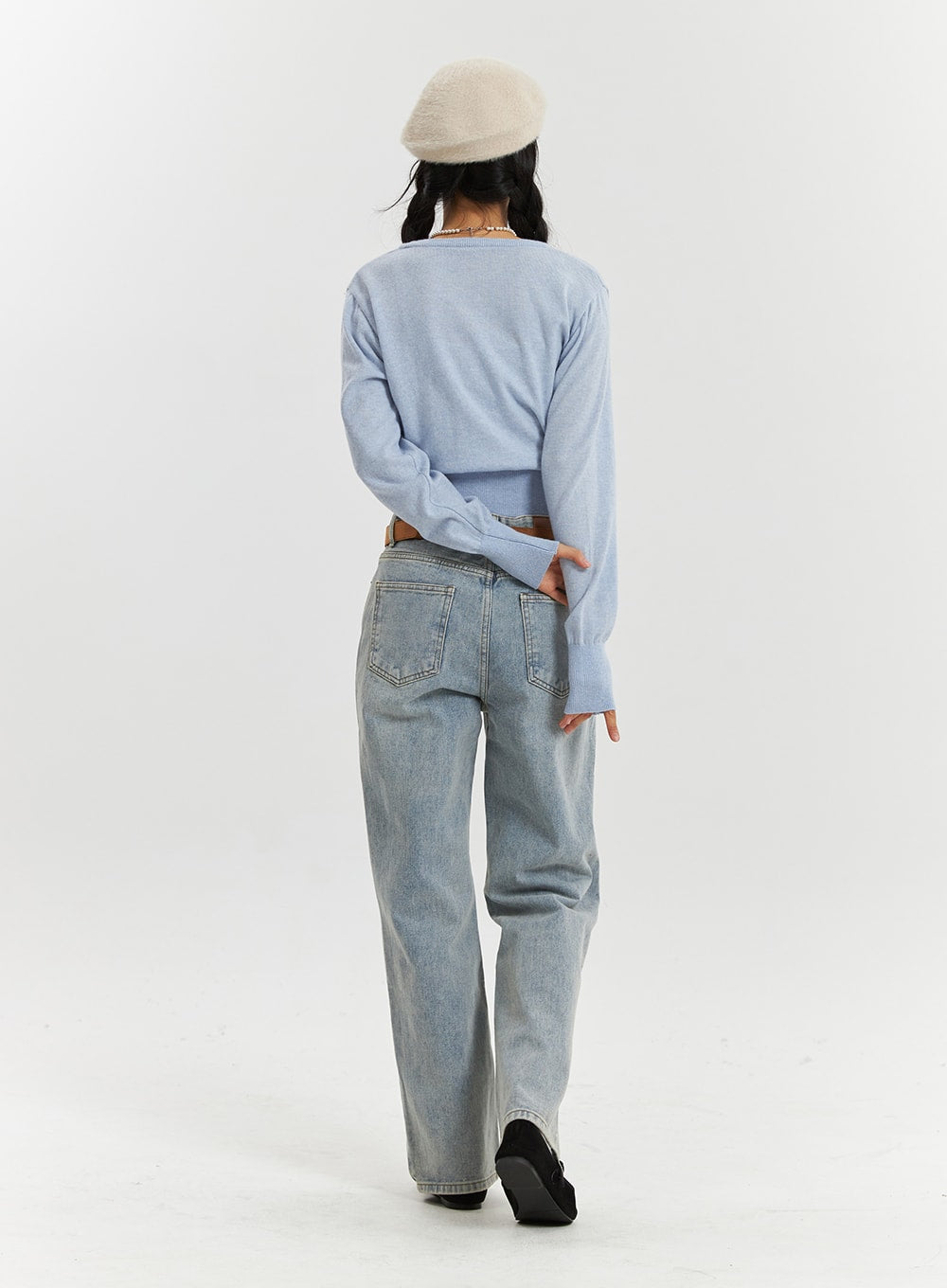 High-Waisted Full-Length Straight Leg Jeans OD320 in light blue, full-body back view on model, washed denim with back patch pockets and high waistband, straight-leg full length.