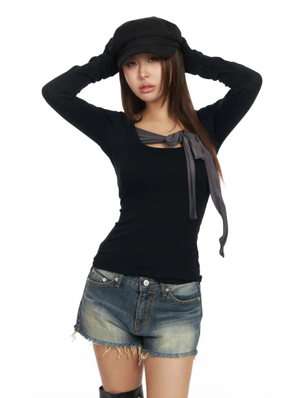 slim-fit-long-sleeve-ribbon-top-cf511 / Black