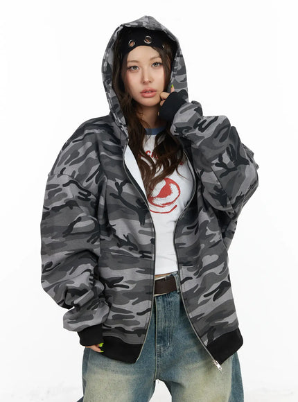 oversized-camo-zip-up-hoodie-cf512 / Black