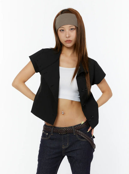 high-neck-buttoned-short-sleeve-jacket-cy520 / Black