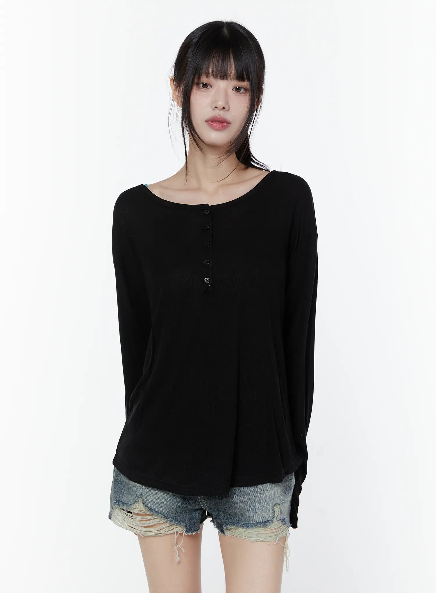 relaxed-fit-ribbed-henley-tee-cu508 / Black