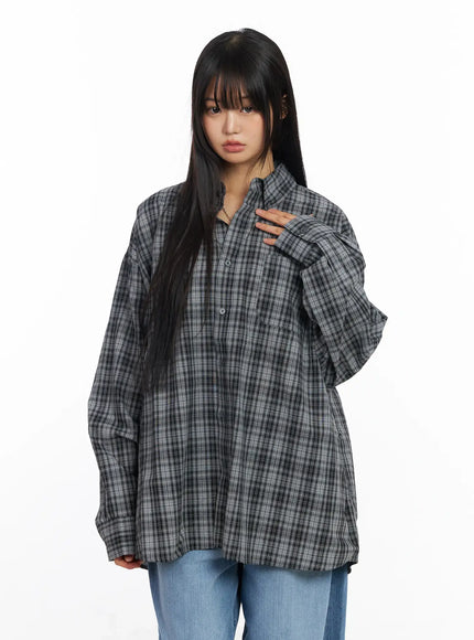 oversized-plaid-long-sleeve-shirt-cf506-1 / Black