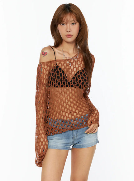 chic-mesh-long-sleeve-top-cu517 / Brown