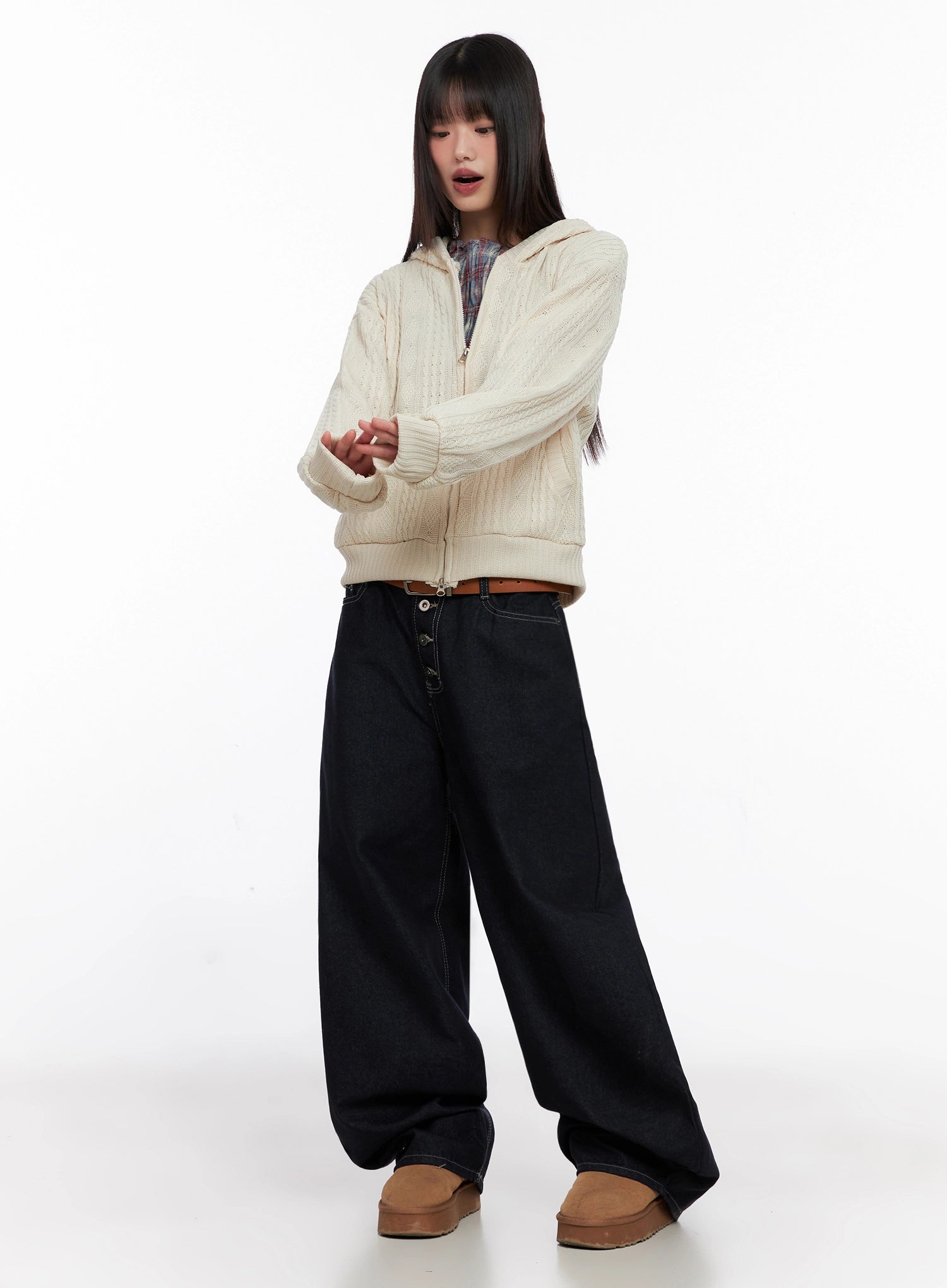 Jazlyn Non-Fade Button Wide Leg Jeans IN503 in dark blue, full-length front on model styled with cream cable-knit zip hoodie and brown belt, wide balloon leg pooling at tan platform clogs.